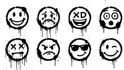 Graffiti emojis collection, vector set of expressive faces featuring liquid paint drips and artistic spray paint splatter effects. © Graphiccircle