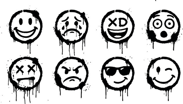 Graffiti emojis collection, vector set of expressive faces featuring liquid paint drips and artistic spray paint splatter effects.