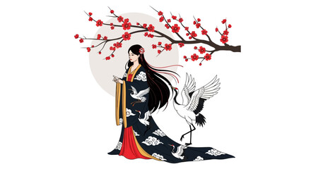 Obraz premium Elegant woman in traditional Japanese kimono with cranes and cherry blossoms