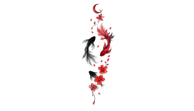 Koi fish swim amidst falling cherry blossoms and crescent moon
