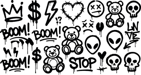 Urban graffiti icons set, collection of street art symbols and rebellion elements with spray paint drip and splatter effects. © Graphiccircle