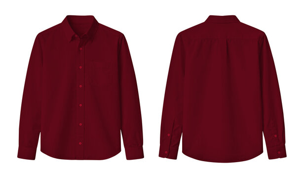 Blank Maroon Red Long Sleeve Button-Up Shirt Front and Back View Mockup Isolated on Transparent Background