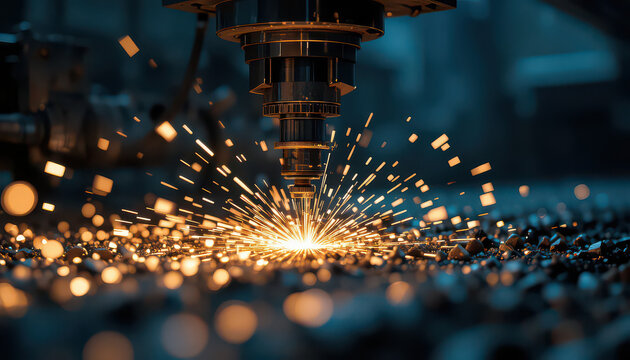 A powerful industrial laser cutting or welding machine head precisely operates on a rugged dark metallic surface, generating an impressive and dynamic burst of brilliant orange and yellow sparks that 
