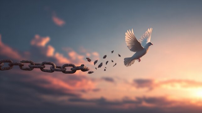 White dove is flying through the sky, with a chain behind it. The chain is broken, symbolizing freedom and liberation. Concept of hope and the idea that one can break free from their chains
