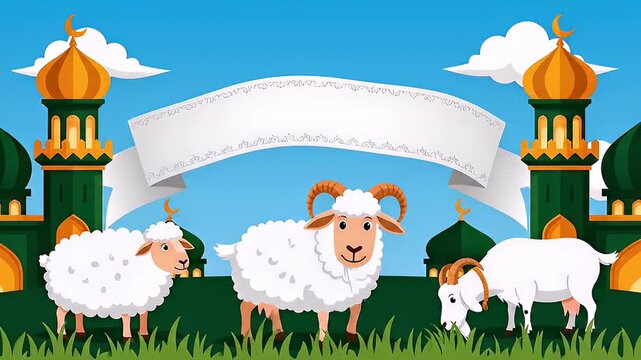 Eid al-Adha celebration with sheep and goats in front of mosque towers and blank banner for text