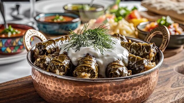 Delicious Dolma Stuffed Grape Leaves with Yogurt and Fresh Dill in a Copper Bowl, Middle Eastern
