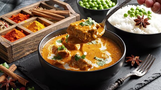 Delicious Indian Chicken Tikka Masala Curry with Rice, Peas, and Spices, Served in a Bowl with