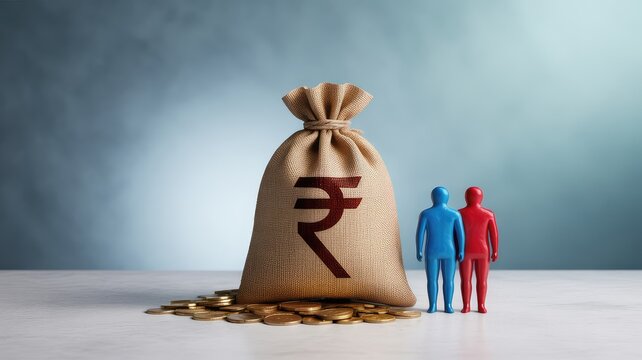 Indian Rupee money bag with gold coins and two small people figures representing finance and partnership