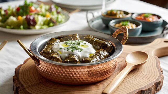 Delicious Mediterranean Dolmades Stuffed Grape Leaves Served with Yogurt Sauce in a Copper Bowl