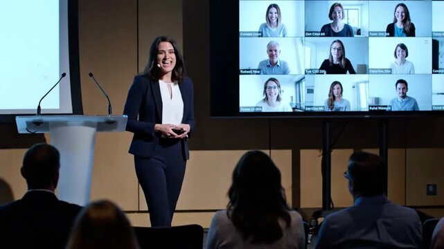 Professional Woman Speaker Leading Hybrid Business Presentation