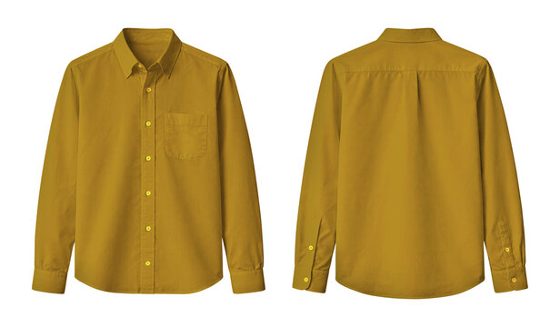 Blank Mustard Yellow Long Sleeve Button-Up Shirt Front and Back View Mockup Isolated on Transparent Background