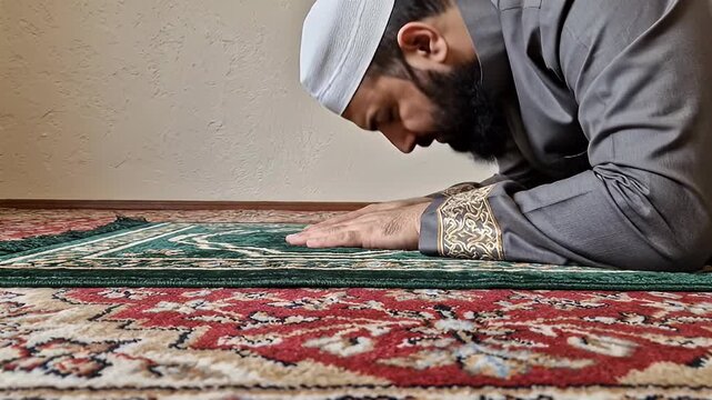 Devout Muslim Man in Traditional Attire Bowing in Prayer on Prayer Rug, Performing Salah During