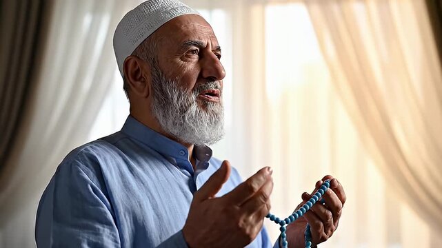 Elderly Muslim Man Praying with Prayer Beads, Wearing a Traditional Kufi Cap, Showing Devotion