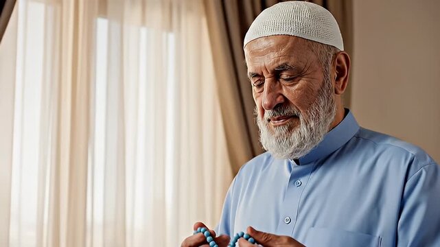 Elderly Muslim Man with White Beard Wearing a Kufi Hat and Blue Robe Holding Prayer Beads