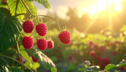Ripe raspberries hang on a bush, bathed in golden sunlight, blurring into a green field