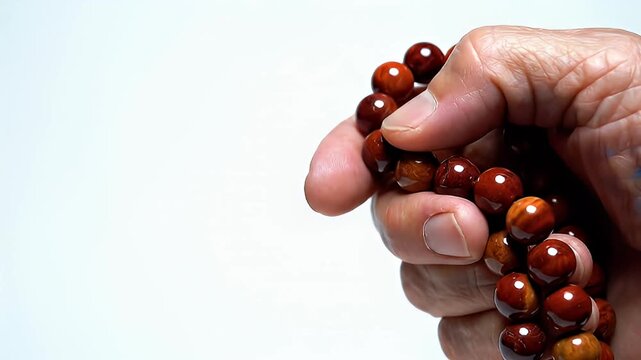 Elderly person's hand holding a mala prayer beads made of polished wood, white background, close-up