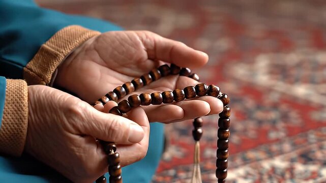 Elderly person's hands holding and using prayer beads, close-up view of a spiritual practice