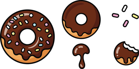 Chocolate Glazed Donut Vector Illustration Set with Colorful Sprinkles Bitten Donut and Sweet Melting Chocolate Drops Isolated on White