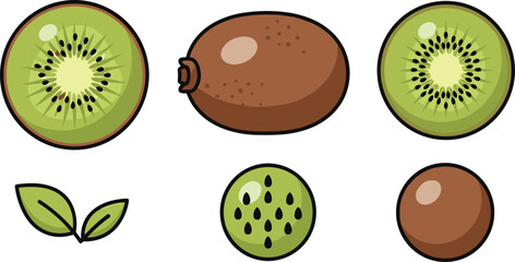 Fototapeta premium Fresh Kiwi Fruit Vector Illustration Set with Whole Kiwi Half Slices Green Leaves and Seed Pattern Isolated on White