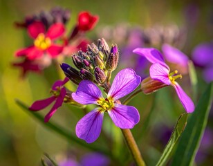 Purple flowers with four petals bloom in sunshine with bokeh of other blossoms