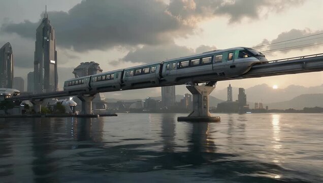 Futuristic monorail train. SCI fi city. Future concept. AI generated.