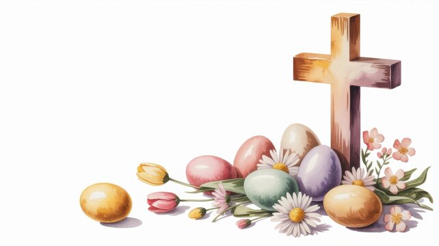 A spiritual composition combining the main symbols of the feast of the Bright Resurrection of Christ: a cross, Easter eggs and spring primroses. A photo with a place for the text.