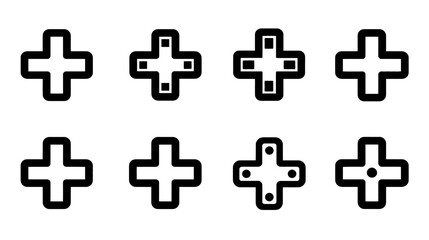 Obraz premium Set of plus sign vector icons. Graphic collection of various addition, medical cross, and positive symbols for UI, web, and app design.