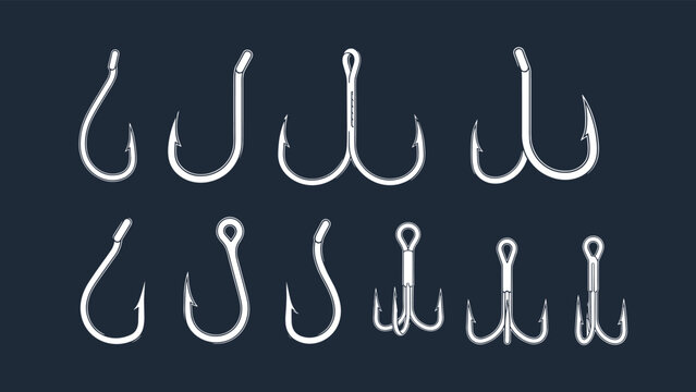 Comprehensive collection of various fishing hook types and styles illustrated in white lines on a dark blue background for anglers.