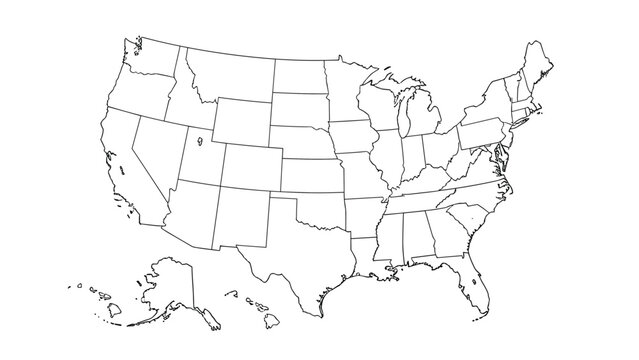 Detailed outline map of the united states of america with all state borders shown on a plain white background for educational use.