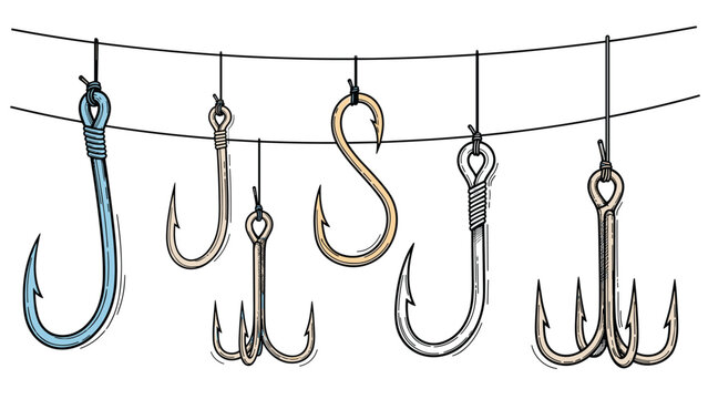 Row of various vintage style fishing hooks in different colors and shapes hanging from fishing lines on a white background.