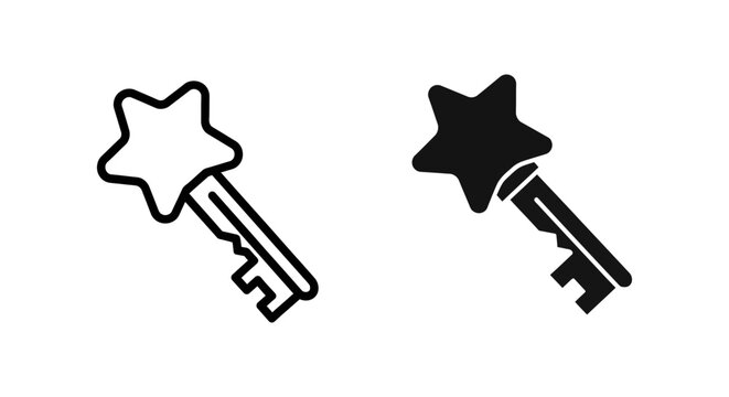 Key icon with star handle, symbolizing a solution, access, secret, success, or unlocking potential. Outline and solid fill variations.