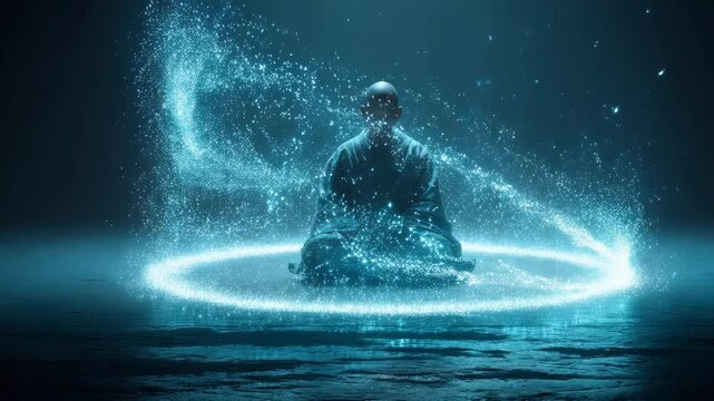 Monk Meditation Energy Magic Circle Glowing Spiritual Calm Peaceful Blue Mystical Enlightenment Aura Zen Concentration Focus Harmony Balance Wisdom Tranquility Serene Light Ritual Power Solitude