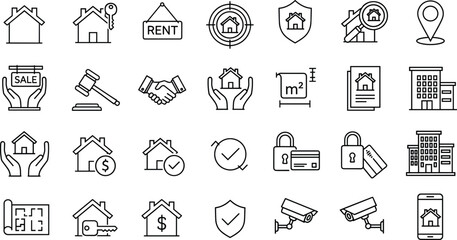 Fototapeta premium Real Estate Property Management Line Icons Set with Rent, Sale, Mortgage, Home Security, Investment, Contract and Residential Building Concepts