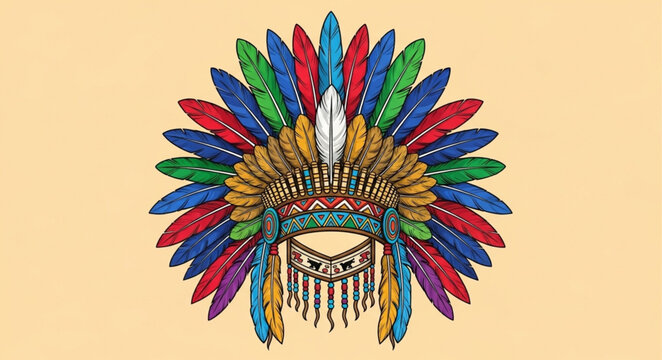 Colorful Native American Headdress with Feathers and Beads.