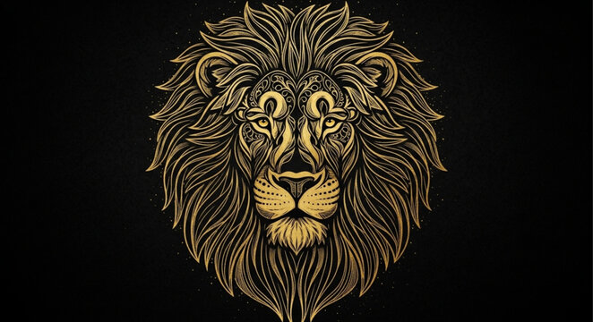 Majestic Golden Lion Head Illustration with Intricate Details.