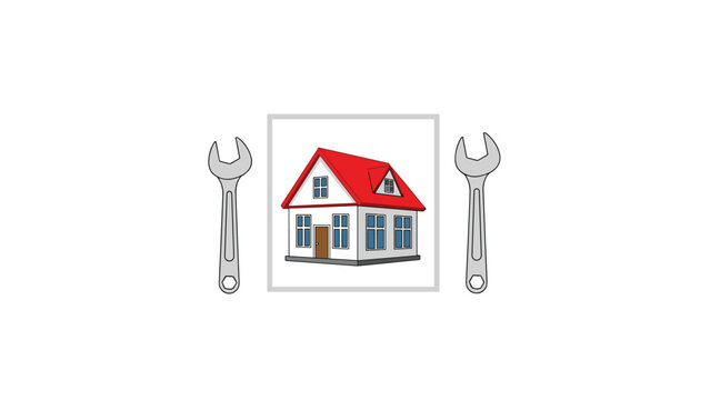 Home maintenance service logo concept with a house in a frame placed between two wrenches on a clean white background.