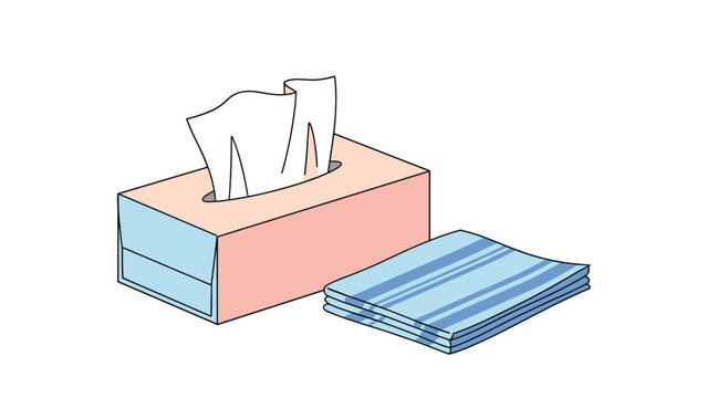 Pink tissue box with a single white tissue being pulled out next to a stack of matching blue striped napkins for hygiene on a white background.