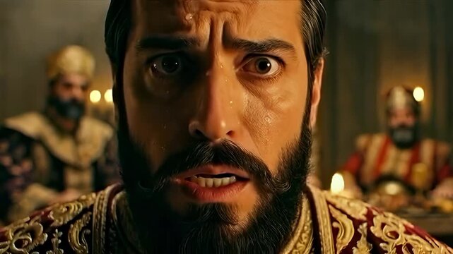 Bearded historical man reacting with wide-eyed shock and gasping at a candlelit table for a dramatic crisis concept and intense cinematic close-up