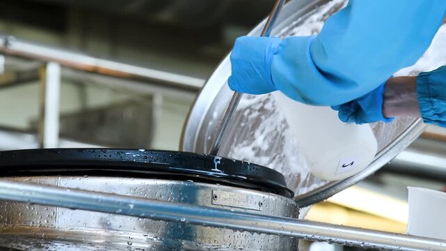 An employee takes a sample of milk for quality control and testing in an industrial or laboratory environment in a dairy or food science laboratory.