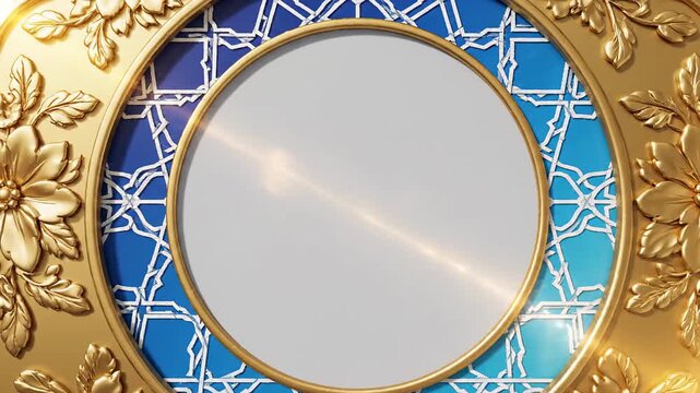 Elegant golden decorative round mirror with intricate floral relief and Islamic geometric pattern