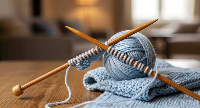 Knitting needles and yarn on a wooden table.
