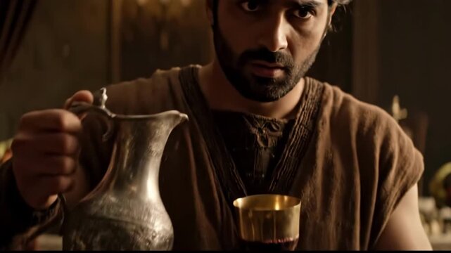 Ancient man in rustic attire carefully pouring red wine from an ornate silver pitcher into a golden goblet for a historical ritual concept