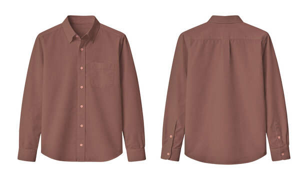 Blank Soft Brown Long Sleeve Button-Up Shirt Front and Back View Mockup Isolated on Transparent Background