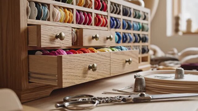 Closeup of a wooden sewing box filled with colorful threads and embroidery supplies showcasing scissors and thimbles on a table.