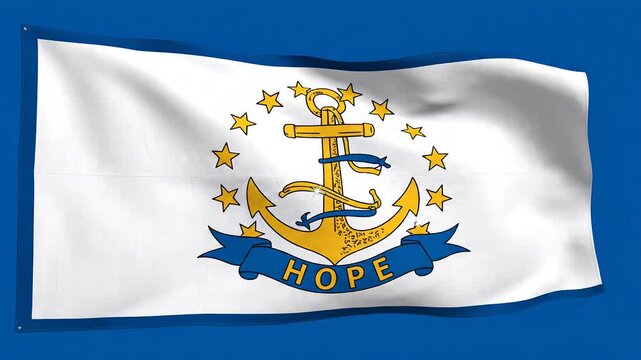 Rhode Island State Flag Waving Gracefully in the Wind Against a Solid Blue Background Symbolizing Hope and Maritime Heritage.