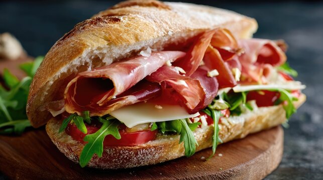 Gourmet sandwich with prosciutto cheese arugula and tomatoes on rustic bread