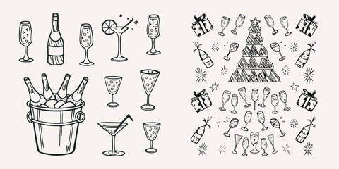 Festive celebration doodles featuring champagne gifts and holiday elements © Shahabuddin