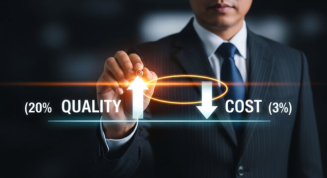Businessman drawing graph showing increased quality and decreased production cost