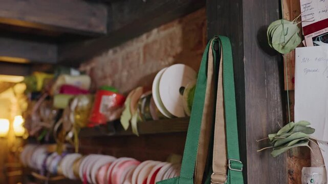 Green apron hanging on ribbon shelf, white florist apprentice arranging spools and rolls in cozy rustic studio with brick wall, warm lamp light and neat display of craft supplies.
