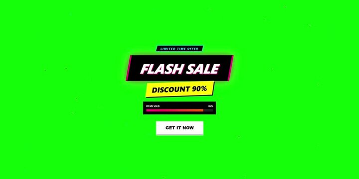 Promotional banner with flash sale and discount offer on a vibrant green background viewed from a direct perspective